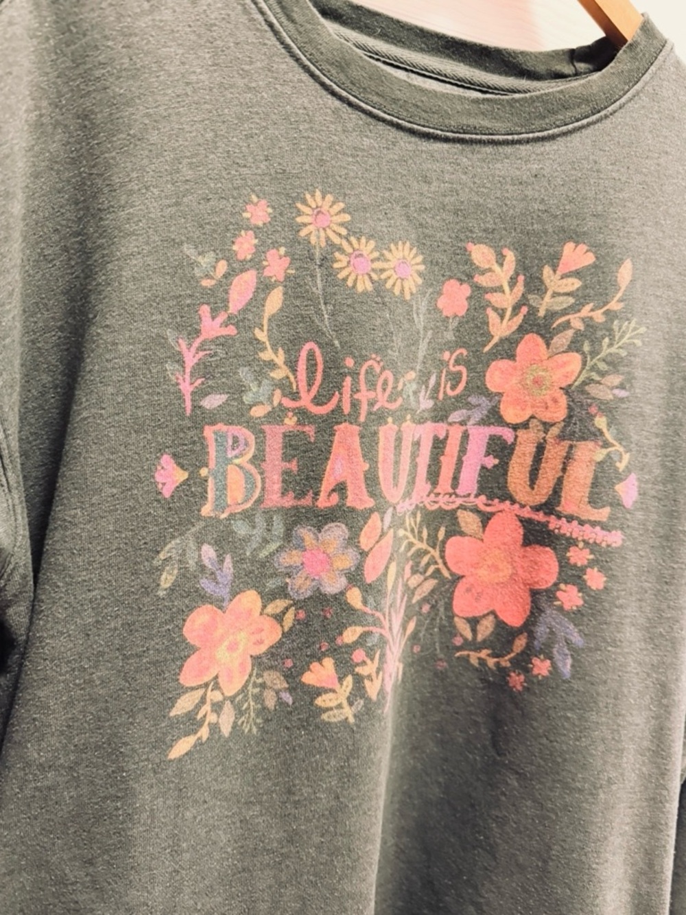 Natural Life "Life is Beautiful" Olive Green Floral Sweatshirt - XL - Picture 2 of 10